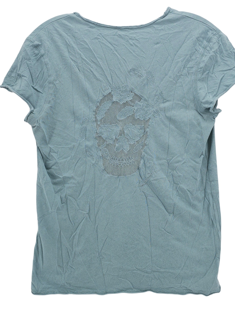 ZADIG & VOLTAIRE Light Blue Short Sleeve Tee Story Fishnet Skull Flower MEDIUM